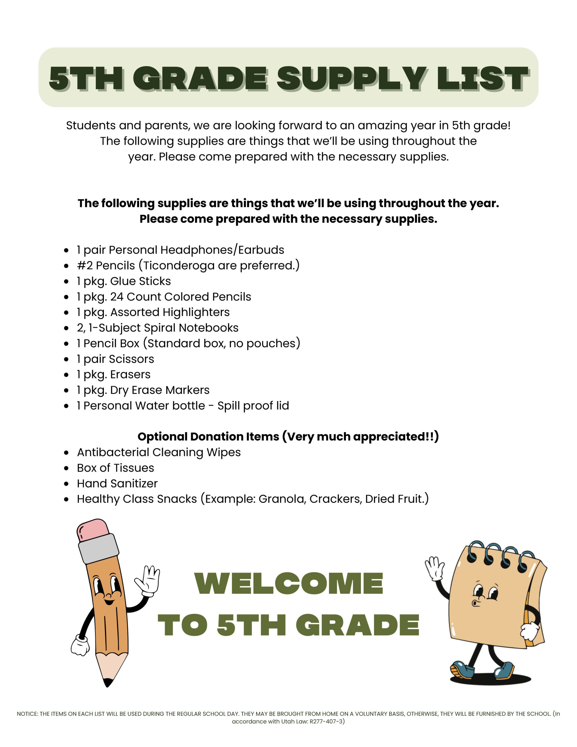 Fifth grade school supply list